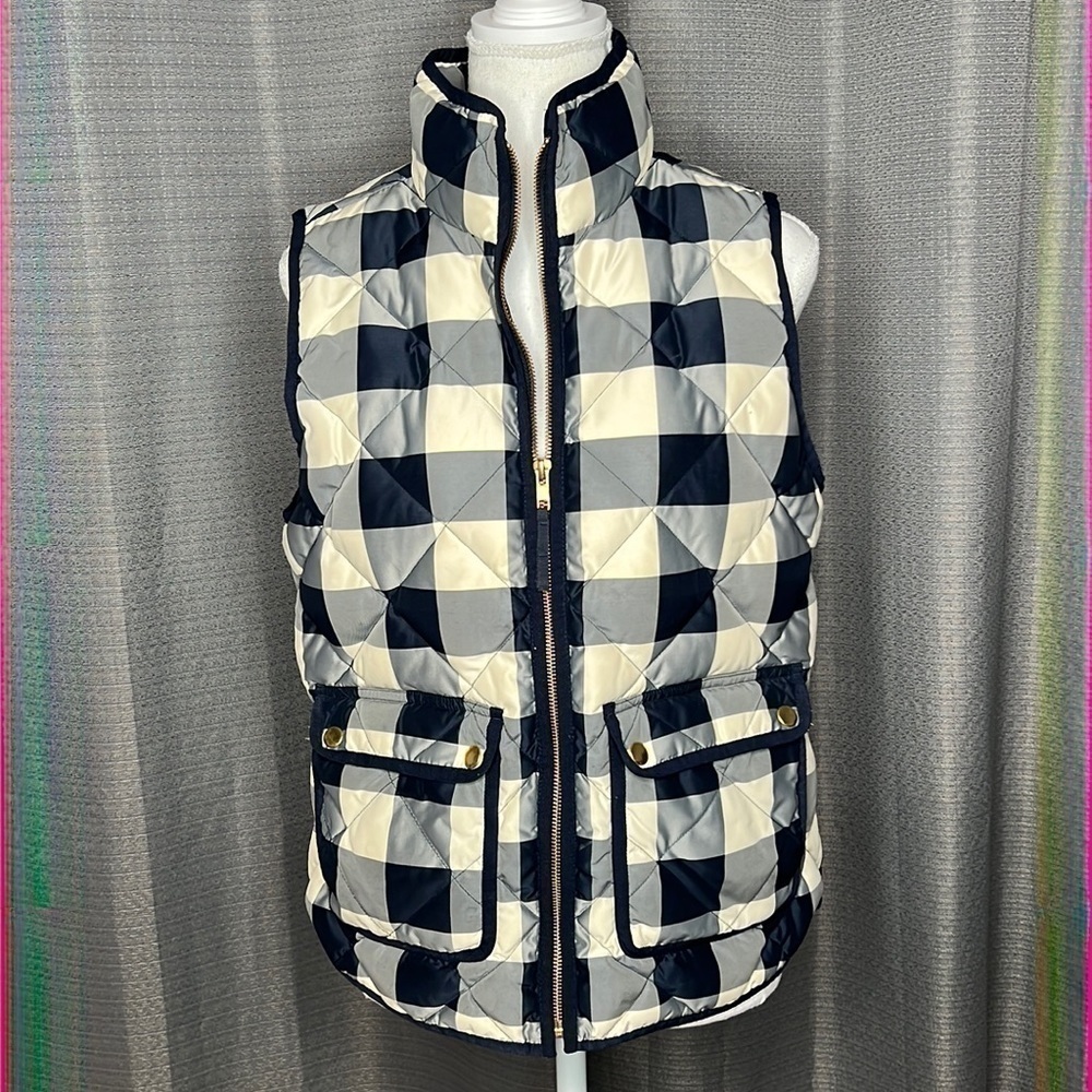 J. CREW SMALL BLUE AND CREAM PLAID DOWN PUFFER VEST